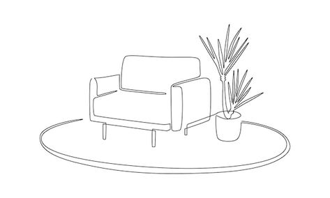 Furniture Line Drawing, Furniture Sketches Drawings, Living And Office Room, Couch Sketch, Armchair Illustration, Armchair Drawing, Couch Logo, Couch Drawing, Sketch Room