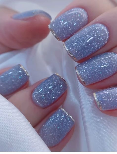 Short Cinderella Nails, Simple Nails Prom, Dusty Blue Manicure, Wedding Nails For Bride Dusty Blue, Dusty Blue Wedding Nails Bridesmaid, Blue Birthday Nail Designs, Simple Gel Polish Designs, Sweet 16 Nail Ideas Short, Something Blue Nails Wedding