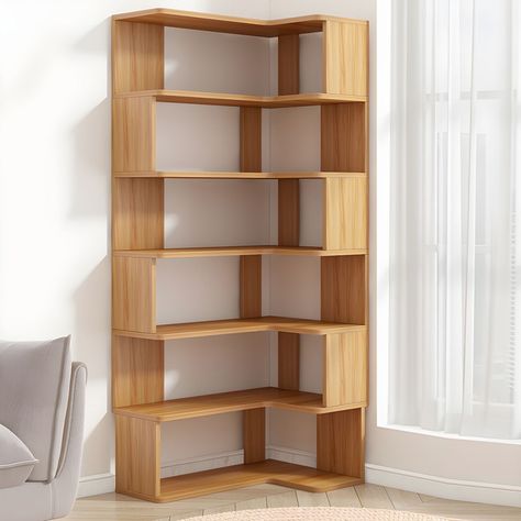 Light Wood Corner Bookcase with Open Back Design and Shelves - 31.5"L x 20"W x 76"H Small Corner Library Ideas, Corner Library Bookshelves, Corner Library, Wood Corner Shelves, Kids Armoire, Library Bookshelves, Corner Bookshelves, Kids Nightstand, Kids Bookcase