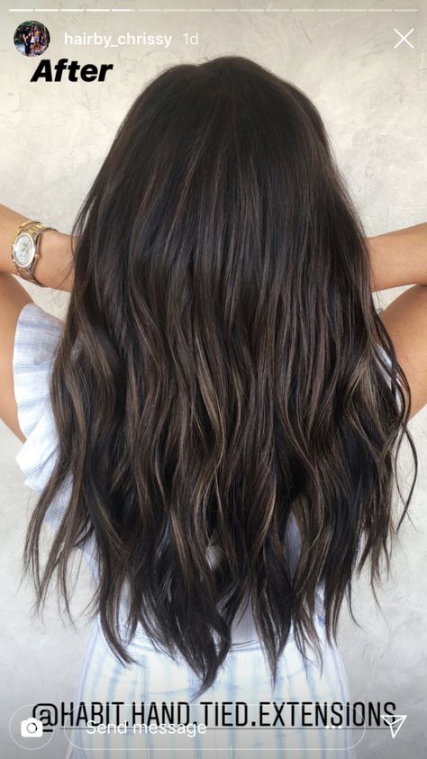 Medium Length Dark Brown Hair With Lowlights, Chocolate Low Lights Hair Brunettes, Dark Brunette Hair With Lowlights Subtle Highlights, Dark Hair With Depth, Subtle Black Balayage, Dimensional Brunette Dark Straight, Nov Nails 2023, Baby Lights Black Hair, Dark Low Lights For Brown Hair