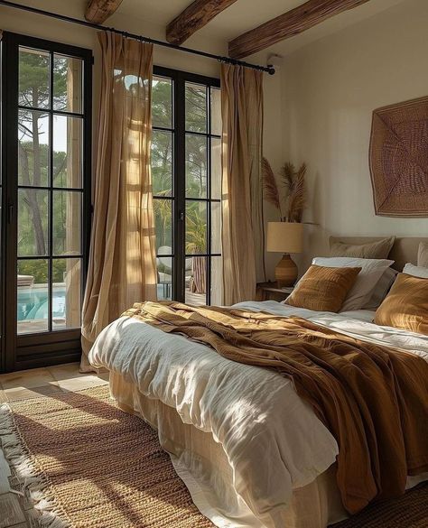 Bedroom Ideas With Lots Of Windows, Earthy Cottage Bedroom, Simple Cozy Room Ideas, Cozy Main Bedroom, Bedroom With Door To Outside, Meditterean Bedroom, Simple Earth Tone Bedroom, Earthy Master Room Bedroom Ideas, Wood Room Ideas