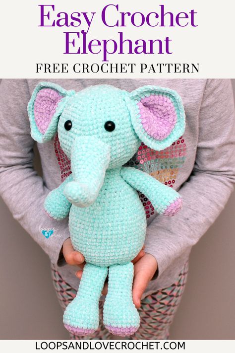 Elephant Amigurumi - Free Crochet Pattern Loops & Love Crochet Crochet Arigumi Free Pattern Elephant, Crochet Elephant Pattern Free, Amigurumi Elephant Pattern, Elephant Amigurumi, Crochet Elephant Pattern, Easy Crochet Animals, Easy Crochet Baby Blanket, Handmade Elephant, Crochet Teddy Bear Pattern