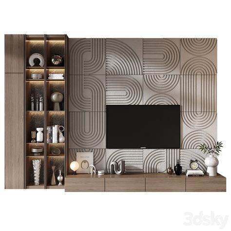 TV shelf 0789 - TV Wall - 3D model Tv Wall Design Minimal, Tv Unit Back Panel Designs, Tv Unit Wall Panelling Design, Drawing Room Tv Unit Design, Tv Wall Cabinets Living Room, Wall Cabinets Living Room, Room Panelling, Lumion Render, Lcd Unit