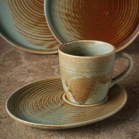 Turgla Home Celeste 4 Piece Place Setting, Service for 1 | Wayfair Ceramic Dinnerware Set Handmade, Ceramic Mugs Wheel Thrown, Round Mug, Rimmed Plates, Slaw Salad, Big Dinner, Mug And Saucer, Rustic Pottery, Glassware Kitchen