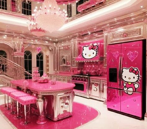 Hello Kitty Theme Room Bedroom Ideas, Hello Kitty Mansion, Hello Kitty Themed Bedroom, Cute Hello Kitty Room, Hello Kitty House Decor, Hello Kitty Apartment, Hello Kitty Bedroom Aesthetic, Pink Hello Kitty Room, Hello Kitty Themed Room