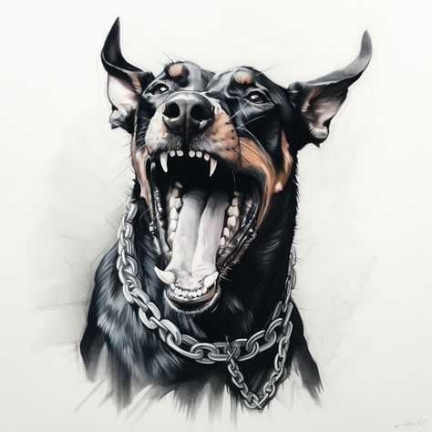 hand drawn pencil sketch of a Doberman , only from the neck up, wearing a Cuban link diamond pendant chain , with aggressive bared teeth , Dog Chain Tattoo, Doberman Sketch, Doberman Tattoo, Crown Drawing, Half Sleeve Tattoos Drawings, Angry Dog, Eagle Painting, Doberman Dog, Scary Dogs