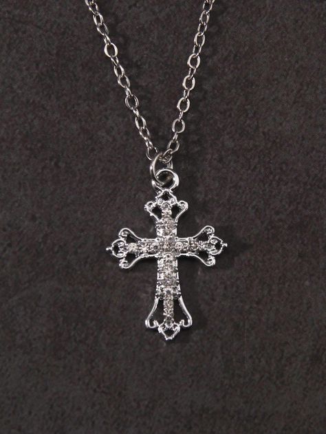 Silver  Collar  Titanium Alloy   Embellished   Women Fashion Jewelry Cross Clothes, Cross Necklace Aesthetic, Chunky Cross Necklace, Cross Charm Necklace, Dating Gifts, Stile Hip Hop, Cross Necklaces, Silver Cross Necklace, Y2k Necklace