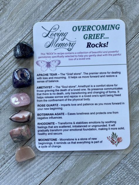 Excited to share this item from my #etsy shop: CRYSTALS for GRIEF #griefmourning #deathofalovedone #grief #crystalsforgrief Bag Of Crystals, Dealing With Loss, Product Card, Soul Stone, Apache Tears, Wiccan Magic, Witch Stuff, Witch Spirituality, Comfort Quotes