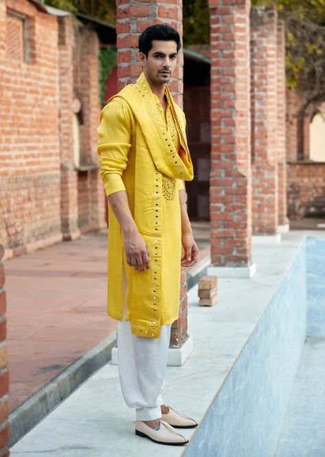 Haldi Ceremony Outfit For Men, Stole For Men, Mirror Work Kurta, White Salwar, Indian Wedding Clothes For Men, Haldi Ceremony Outfit, Yellow Mirror, Haldi Dress, Wedding Kurta For Men