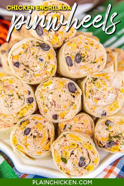 Chicken Enchilada Pinwheels, Enchilada Pinwheels, March Madness Party Food, Plain Chicken Recipes, Salted Caramel Martini, Caramel Martini, Chicken Pinwheels, Football Friday, Tortilla Pinwheels