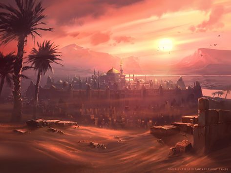 ArtStation - Desert Sunset, Nele Diel Desert Aesthetic, Deserts Of The World, Sunset City, Desert Art, Desert Sunset, Fantasy City, Fantasy Places, Fantasy Art Landscapes, Fantasy Concept Art