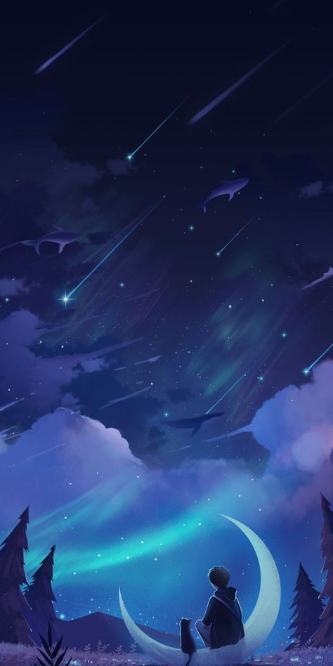 Lockscreen Aesthetic Art Anime, Anime Moon Sky, Anime Night Sky Aesthetic, Night Landscape Wallpaper, Time Aesthetic Wallpaper, Night Sky Illustration, Anime Moon, Whats Wallpaper, Wallpaper Seni