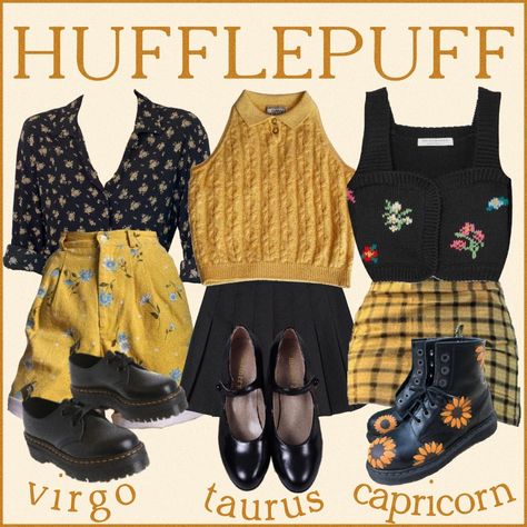 Hufflepuff Summer Outfit, Hufflepuff Academia Outfit, Hufflepuff Outfit Aesthetic, Hufflepuff Outfit Ideas, Hufflepuff Aesthetic Outfits, Hufflepuff Lookbook, Hufflepuff Outfit, Virgo Taurus, Hogwarts Outfits