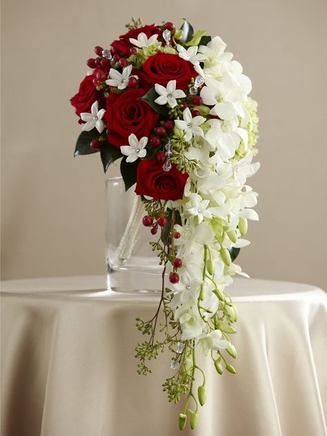 White And Red Flowers, White Dendrobium Orchids, Decorations Flowers, Red And White Weddings, Red Bouquet Wedding, Red Bouquet, Orchid Wedding, Cascade Bouquet, White Wedding Bouquets