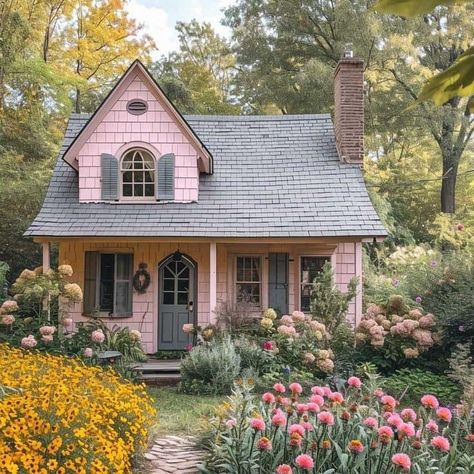 Colorful Houses Exterior, Cute Cottage Exterior, Gray Colour Combination, Pink Cottage House, Cute Cottage House, Vintage House Exterior, Cozy House Exterior, Pink House Exterior, Pink Farmhouse