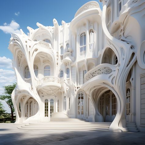 White Gothic House Exterior, Modern Art Nouveau Architecture, White Gothic Architecture, Art Nouveau Futuristic, Neo Futurism Architecture, Neofuturism Architecture, Mythical Architecture, Future Nouveau, Famous Architecture Buildings