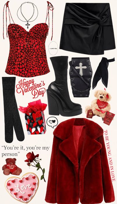 Valentines Day Goth Outfit, Gothic Valentine Outfit, Grunge Valentines Outfit, Valentine’s Day Inspired Outfits, Anti Valentines Day Outfit, Valintens Outfit Ideas, Valentine's Outfits For Women, Black Valentines Outfit, Y2k Valentines Outfit