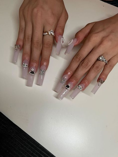 Milky Nails With Gems, Milky White Nails Y2k, Silver Hello Kitty Nails, Nails With Space Charms, Milky Nails, Hello Kitty Nails, Cat Nails, Nail Charms, Real Girls