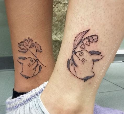 Studio Ghibli Matching Tattoo Ideas, Totoro Sister Tattoo, Ghibli Friendship Tattoo, Studio Ghibli Sister Tattoo, Matching Tattoos Ghibli, Matching Totoro Tattoos, Totoro Matching Tattoo, Small Totoro Tattoo, Matching Ghibli Tattoos