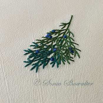 Juniper Branch 2: Sonia Showalter Designs Juniper Embroidery, Juniper Branch, Earrings Embroidery, Denim Hats, Towel Poncho, Poncho Towel, Dimensional Embroidery, Pe Design, Ornament Embroidery