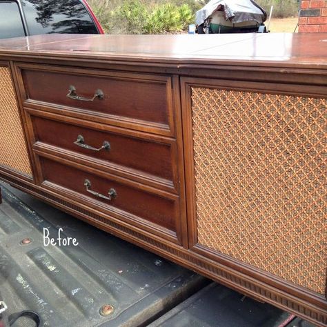 We found this vintage stereo console at a local Thrift Store, already gutted! The employee said it had been sitting in the store for over 3 months. She told me to make her an offer, so I did! And ten bucks later, she is all mine SCORE! I had a client who was looking for a special piece she could use as a bar in her dining room. So after contacting them to discuss color, etc. the flip begins! I cleaned the entire piece with TSP (yes I preach about this, because it is my favorit… Vintage Stereo Cabinet Makeover, Faux Ceiling Tiles, Stereo Cabinet Redo, Vintage Stereo Cabinet, Vintage Stereo Console, Old Record Player, Record Player Cabinet, Stereo Console, Redo Cabinets