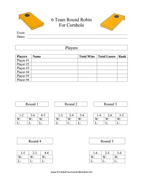 Great for cornhole tournaments, this round robin sports bracket is good for scheduling six teams. Free to download and print Cornhole Tournament Flyer, Printable Brackets, Labor Day Crafts, Beer Olympics, Couples Game Night, Cornhole Tournament, Beer Olympic, Printable Label Templates, Outdoor Party Games