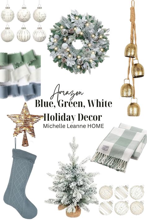 Blue, green and white holiday decor Baubles, Chiffon Ribbon, Rattan Star, Duck Egg Blue Christmas Stocking, Spruce Wreath, Vintage Cow Bells, Small Christmas Tree for Tabletop Sage Green And Blue Christmas Decor, Light Blue And Green Christmas Decor, White Christmas Theme, White Holiday Decor, Spruce Wreath, Vintage Cow Bells, Green Holiday Decor, Blue Christmas Stocking, Green And White Christmas