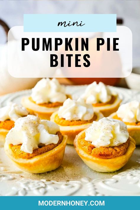 he best bite-size mini pumpkin pies perfect for entertaining during the holiday season. Creamy pumpkin pie filling in buttery pie crust cups topped with fresh whipped cream. Mini Pumpkin Pies With Cream Cheese, Winter Holiday Recipes, Buttery Pie Crust, No Bake Pumpkin Pie, Pie Bites, Mini Pumpkin Pies, Best Pumpkin Pie, Butter Pie, Homemade Pie Crusts