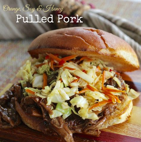 Orange, Soy, and Honey Pulled Pork was done in 7 hours in the slow cooker, not 24. Served with Asian slaw, it's delicious! @Allrecipes #MyAllrecipes #Allrecipes Allstars #AllrecipesFaceless Honey Pulled Pork, Barbecue Pulled Pork Recipe, Barbecue Pulled Pork, Pulled Pork Recipe, Orange Honey, Pork Shoulder Roast, Pulled Pork Recipes, Pork Sandwich, Savoury Recipes