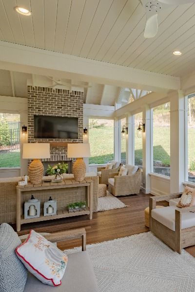 Screen porch with brick fireplace, white ceiling, white fan Ground Level Screened In Porch, Back Porch Patio Ideas, Large Back Porch, Covered Porch With Fireplace, Enclosed Porch Ideas, Porch Construction, All Season Porch, Closed In Porch, Pool Guest House