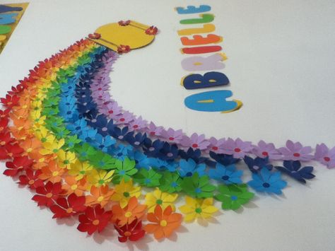 At the end of a rainbow Rainbow Hallway Decoration School, Rainbow Boards Classroom Decor, Diy Crafts For School, School Board Decoration, Afrique Art, Pinterest Diy Crafts, Rainbow Crafts, Handmade Paper Crafts, Diy Paper Crafts Decoration