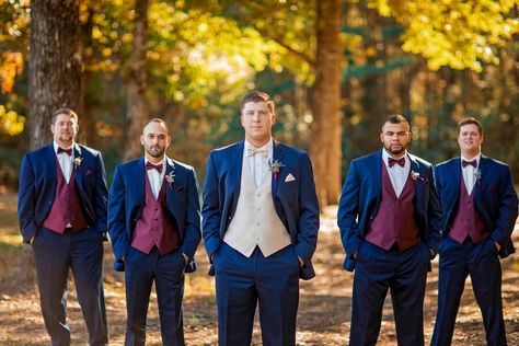 Navy And Burgundy Mens Wedding Attire, Groomsmen Attire Navy Burgundy, Navy Suit Burgundy Vest, Burgundy Vest Groomsmen, Groomsmen Attire Cream, Navy And Burgundy Suit, Groomsmen Attire Navy Blue, Groomsmen Attire Fall Wedding, Rust Orange Tie