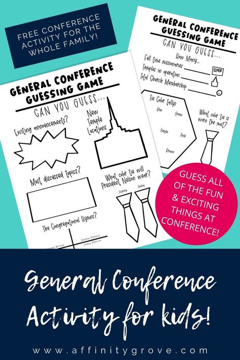 Great General Conference Activities for kids for April 2020 Conference! Use this LDS Activity for youth and kids to guess ties colors, and announcements. This printable is a great idea to get kids to listen. Can be used with primary aged kids, youth, and adult, or create a fun family competition! This free printable is a great part of your General Conference packets, and coloring pages! Create a new General Conference tradition of guessing all about Conference #generalconference #LDS #april2020 Primary Conference Packets, Free Printable Conference Packets, Free Lds Conference Printables, Primary General Conference Packet, Lds Primary Conference Activities, Conference Packets For Kids, Primary General Conference Packet 2023, Lds Conference Packets Free Printable, General Conference Activities For Kids Free