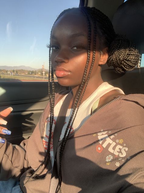 Space Buns On Braids, Black Women Space Buns, Box Braid Space Buns, Box Braids Space Buns, Space Buns Box Braids, Braids On Dark Skin Women, Space Bun Braids, Space Buns Braids, Braids Space Buns