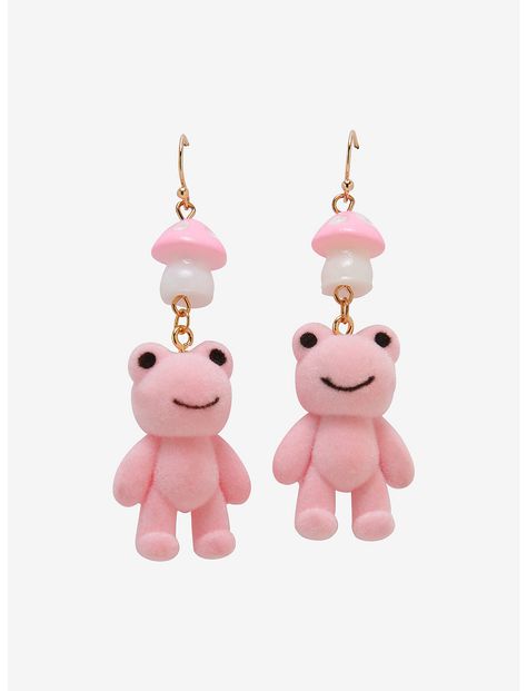 Frog Core, Cuteness Aggression, Pearl Market, Pastel Mushroom, Character Accessories, Mushroom Frog, Frog Earrings, Pink Drop Earrings, Weird Jewelry