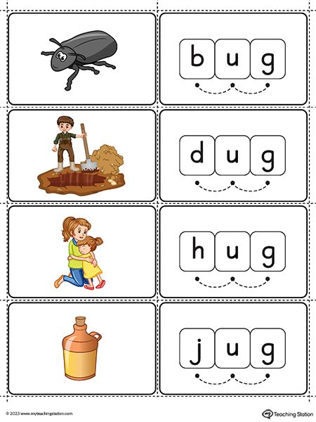 UG Word Family Small Picture Cards Printable PDF (Color) Worksheet.Topics: Word Families, and Reading. Ccvc Words, 22 Words, Workbook Design, Alphabet Activities Preschool, Small Pictures, Simple Words, Literacy Skills, Picture Cards, Letter Sounds