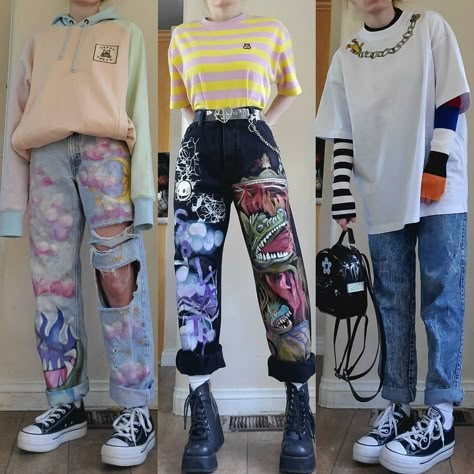 Punk Painting, Outfits Rock, Kawaii Punk, Gamer Fashion, Lightning Thief, Diy Outfits, Painted Clothes Diy, Painted Clothing, Interesting Outfits