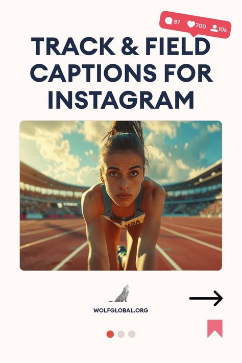 A focused athlete crouching on a track ready for a race, with Instagram-themed overlay.
An infographic with motivational athletics-themed phrases and an invitation to get more content.
A woman with a laptop surrounded by social media symbols, advertising free Instagram engagement at WOLFGLOBAL.ORG. Track Quotes Sprinters, Track And Field Captions For Instagram, Track Instagram Captions, Track Captions For Instagram, Track Captions, Field Instagram Captions, Couple Instagram Captions, Track Quotes, Jogging Track