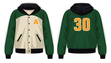 Varsity Jacket With Hoodie, Yellow Varsity Jacket, Hoodie Front And Back, Jacket With Hoodie, Back View, Green Beige, Black And Yellow, Green Jacket, Hoodie Jacket