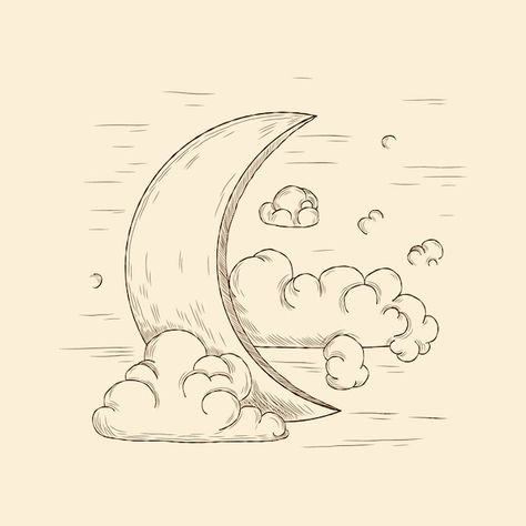 Free vector hand drawn crescent moon dra... | Free Vector #Freepik #freevector #moon-drawing #outline #drawing #moon Crescent Moon Drawing, Nostalgic Illustration, Clouds Illustration, Crescent Moon Art, Moon And Clouds, Cloud Illustration, Space Drawings, Animal Drawings Sketches, Moon Clouds