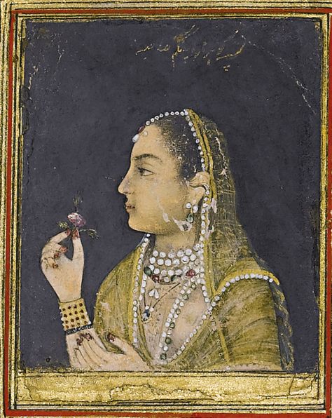 A portrait of Jahanara Begum. Gouache heightened with gold on paper, India, Mughal, 18th century, This is a rare portrait of Jahanara Begum (d.1681), the eldest surviving daughter of Emperor Shah Jahan (r.1628-58). He bestowed on her the titles Zamani ('Lady of the Age'), Padishah Begum ('Lady Emperor'), and Begum Sahib ('Princess of Princesses'). ... Mughal Miniature Paintings, Indian Symbols, King George V, Persian Miniature, Mughal Paintings, Vintage India, Asian Painting, Miniature Portraits, Indian Painting