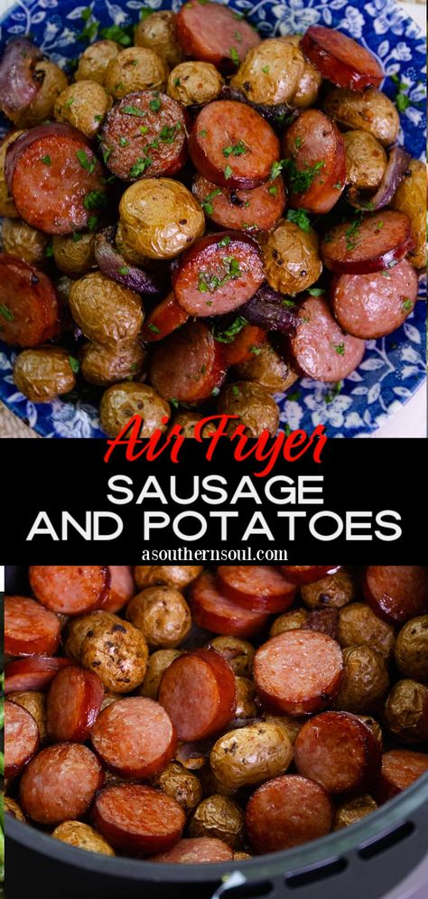 Easy Air Fryer Sausage And Potatoes Airfryer Recipes College, Popular Air Fryer Recipes, Air Fryer Recipes College, Meal Prep Air Fryer Healthy, Fast Air Fryer Meals, Weekday Dinner Ideas For Two, Meal Prep Potatoes, Quick Air Fryer Dinner, College Meal Ideas