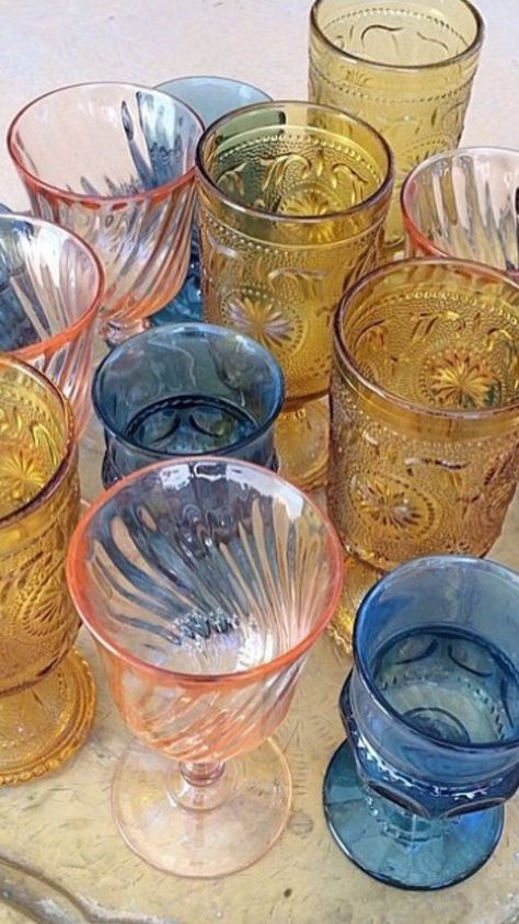 Fun Drink Glasses, Mediterranean Dishware, Thrifted Cups, Mismatch Plates, Thrifted Glassware, Colorful Drinking Glasses, Mismatched Glasses, Mismatched Dinnerware, Fun Glassware