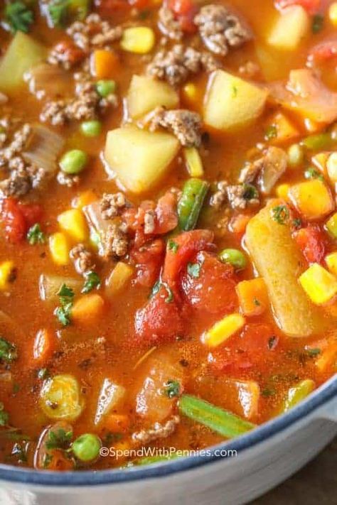 Easy Hamburger Soup - Spend With Pennies Easy Hamburger Soup, Hamburger Vegetable Soup, Easy Vegetable Soup, Beef Soup Recipes, Soup With Ground Beef, Meat And Vegetables, Hamburger Soup, Easy Hamburger, Vegetable Beef Soup