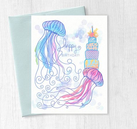 Blank Inside 4.25" x 5.5" 100lb, uncoated cardstock with subtle embossed texture and a metallic seafoam envelope Say 'happy birthday' with a twist! This sweet and whimsical Jellyfish Birthday Cake Card will give your special someone a delightful surprise on their special day. Put a smile on their face with this unique and quirky card! It's sure to be a birthday they'll never forget! Happy Birthday Painting Ideas, Cute Handmade Birthday Cards, Ocean Birthday Card, Jellyfish Birthday, Cute Birthday Card Ideas, Whimsical Jellyfish, Birthday Card Inspo, Birthday Card Homemade, Beach Birthday Card