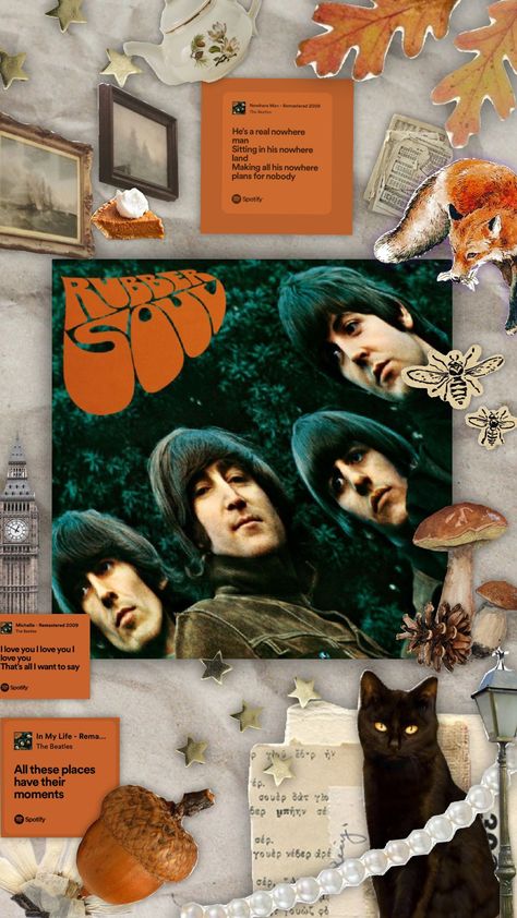 Rubber Soul- The Beatles 🍂🎧☕ #Thebeatles #beatles #music #60smusic #60s #rock #classicrock #rubbersoul #album #aesthetic #collage #fall #autumn #orange Rubber Soul Wallpaper, Rubber Soul Aesthetic, Rubber Soul Beatles, Beatles Wallpaper, Nowhere Man, Magical Mystery Tour, 60s Rock, Rubber Soul, Beatles Music