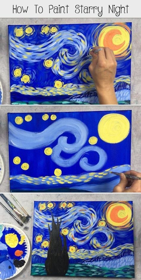 Paint Starry Night, Starry Night Tattoo, Starry Night Art, Starry Night Painting, Arte Van Gogh, Learn How To Paint, Elementary Art Projects, Van Gogh Art, Artists For Kids