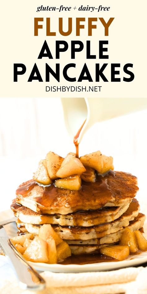 These fluffy gluten-free apple pancakes are filled with grated apples, as well as topped with delicious cinnamon apples for the perfect fall treat! Add a scoop of vanilla ice cream if you want a decadent dessert! Totally dairy-free too! Vegan Apple Pancakes, Flourless Pancakes, Apple Pancake Recipe, Apple Cinnamon Pancakes, Cinnamon Pancakes, Apple Pancakes, Gluten Free Pancakes, Fall Treats, Vanilla Ice