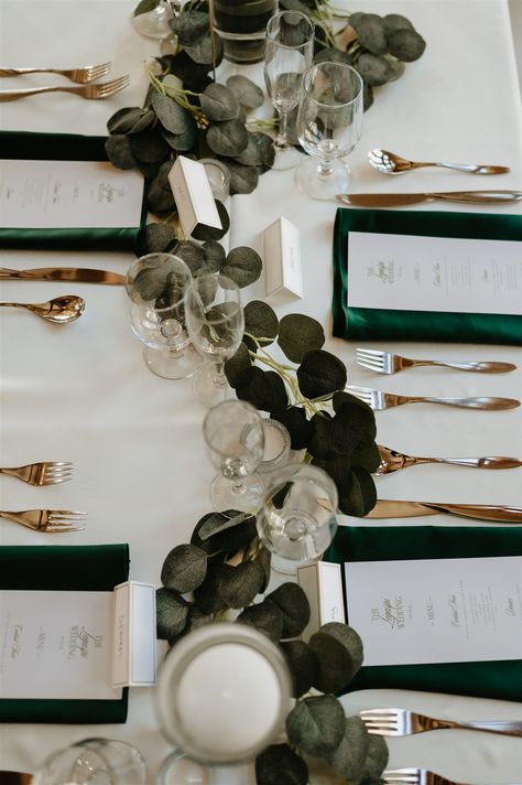 Layne and Francis celebrated a gorgeous winter wedding, which featured hunter green and ivory linens with gold accents ✨ Green December Wedding, Ivory And Rose Gold Wedding, Pine Green Wedding, Colorado Mountain Wedding, Winter Ball, Silk Robes, White Wedding Theme, Gold Wedding Theme, Mountain Wedding Colorado