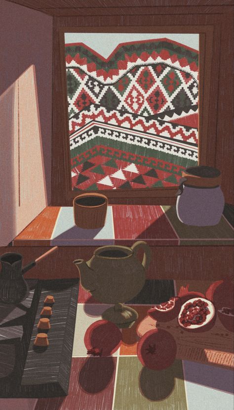 A cozy kitchen with a view of mountains covered in carpets with Armenian ornaments. The kitchen has been abandoned by its inhabitants, who have been forced to flee their homes due to Azerbaijani aggression. Armenian Ornaments Art, Armenia Aesthetic, Armenia Art, Carpet Illustration, Armenian Ornaments, Armenian Aesthetic, Expressing Myself, Armenian Culture, Escape Reality